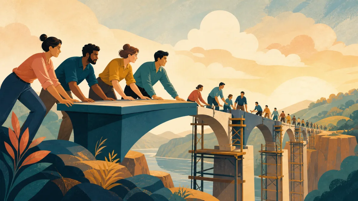 A coordinated group leads the construction of a long bridge across a valley
