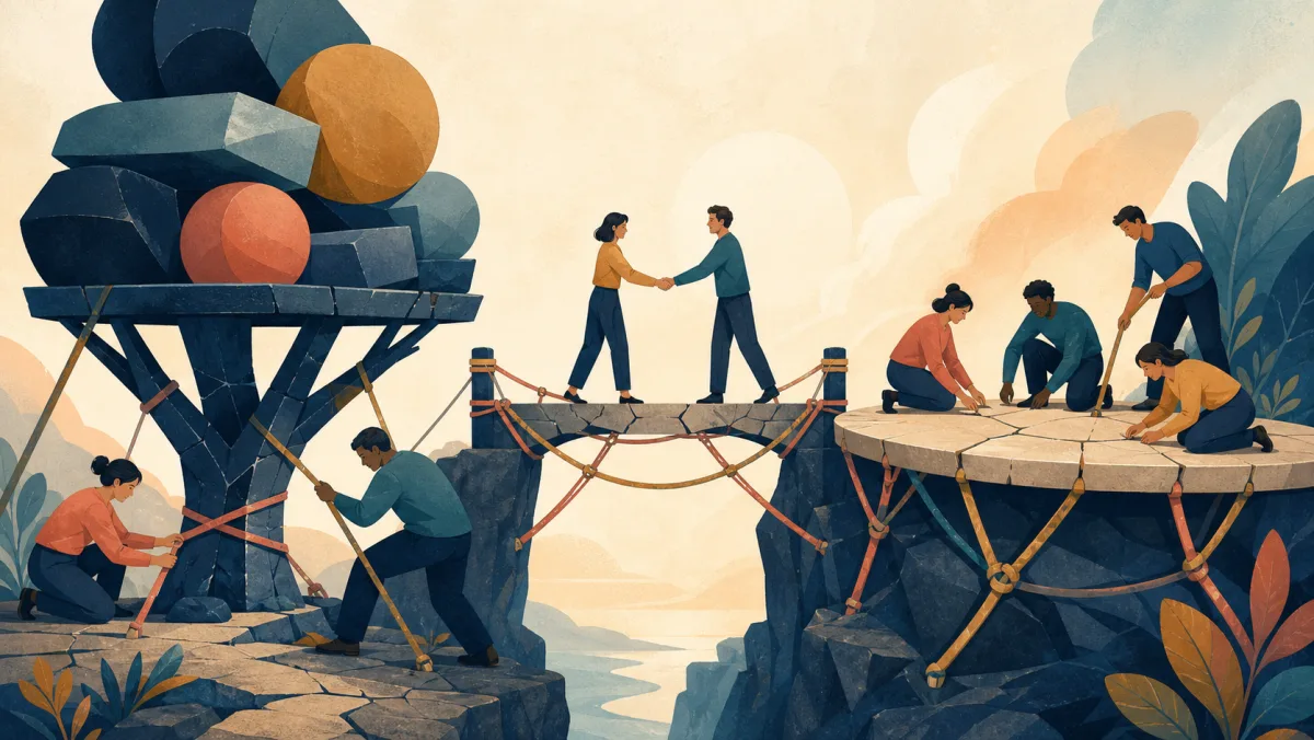 Teams reinforce cracked supports, a fragile bridge, and a brittle shared platform