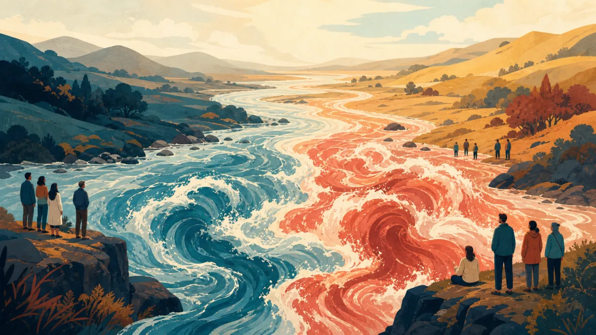Blue and coral currents grow into turbulent waves while people observe from the banks