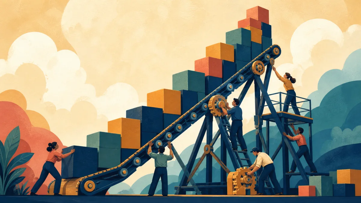 A team supports an expanding stack of resource blocks climbing a steep conveyor