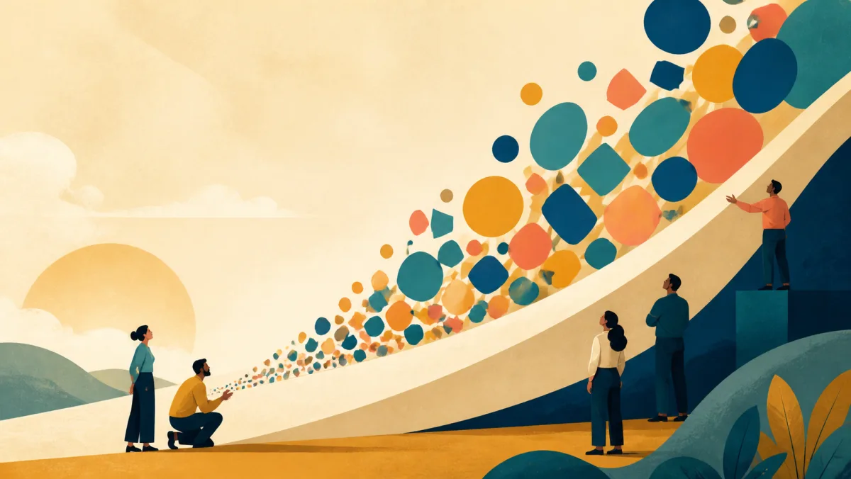 A self-propelled stream of colored shapes expands as it rises along a broad ramp