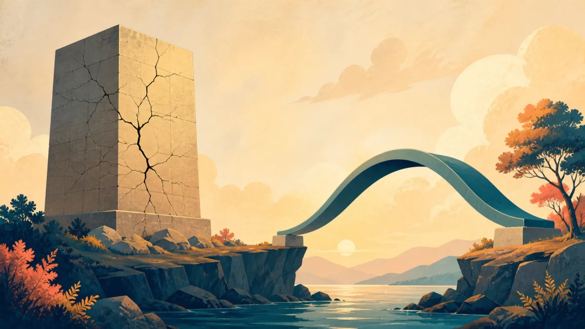 A cracked rigid tower stands beside a flexible arch that bends safely across a gap