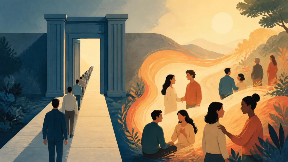 A precise gateway path contrasts with warm flowing connections between people