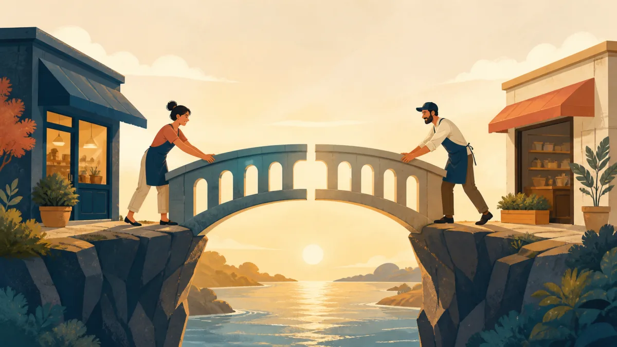 Two business owners join separate bridge spans between their workplaces