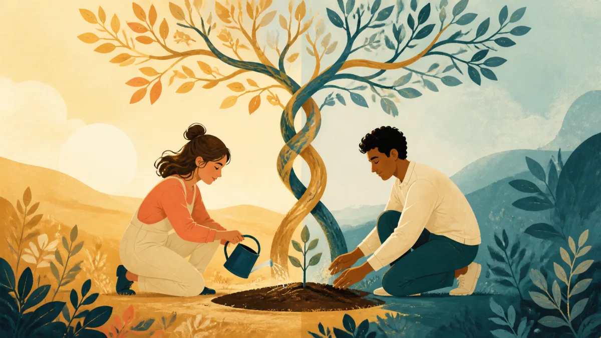 Two people tend a young plant beneath intertwined branches