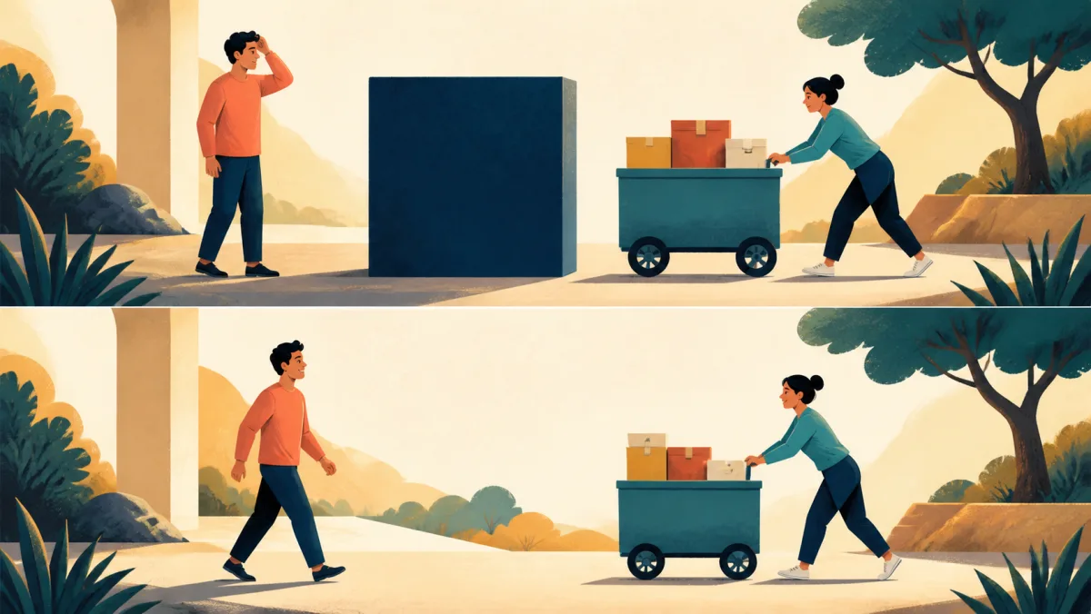 A person and a loaded cart move freely after a geometric obstruction disappears