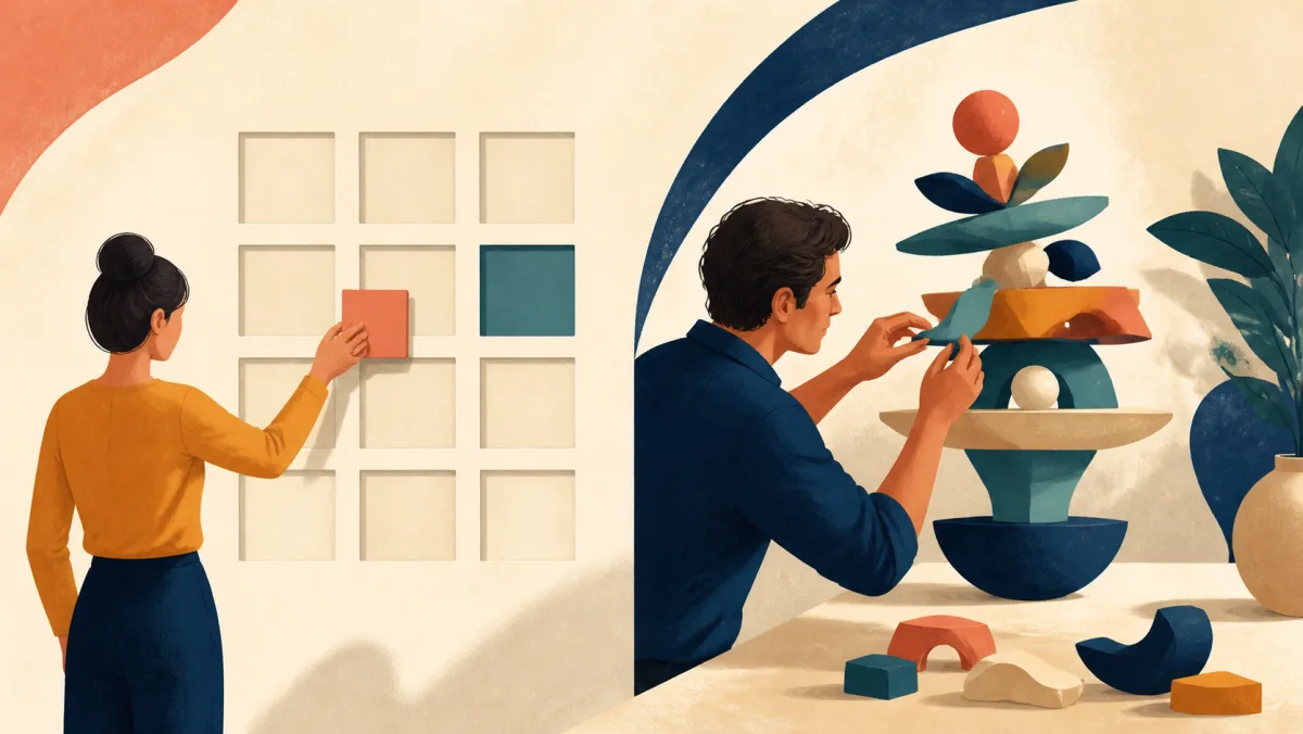 Moving one blank tile contrasts with carefully arranging a complex sculpture