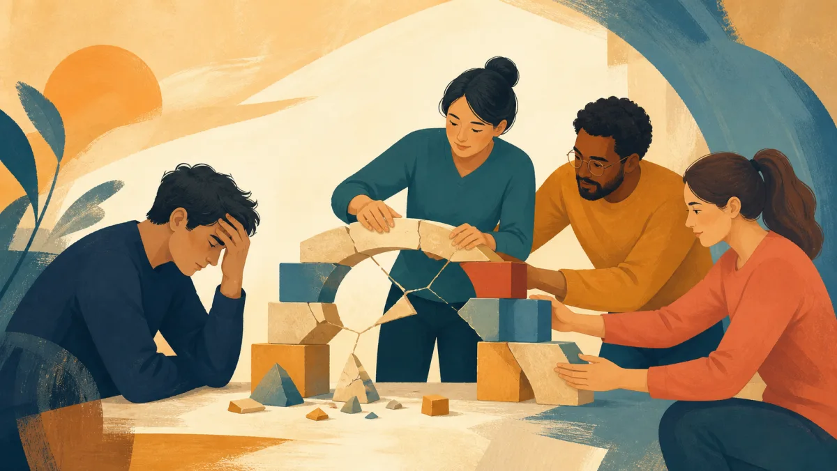 Teammates repair a fragile structure beside a colleague under pressure