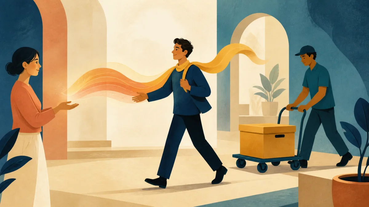 A warm signal passes between people while a physical box travels on a cart