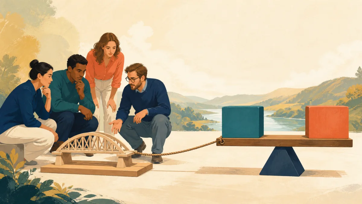 A team evaluates a bridge prototype connected to a balance holding two colored blocks