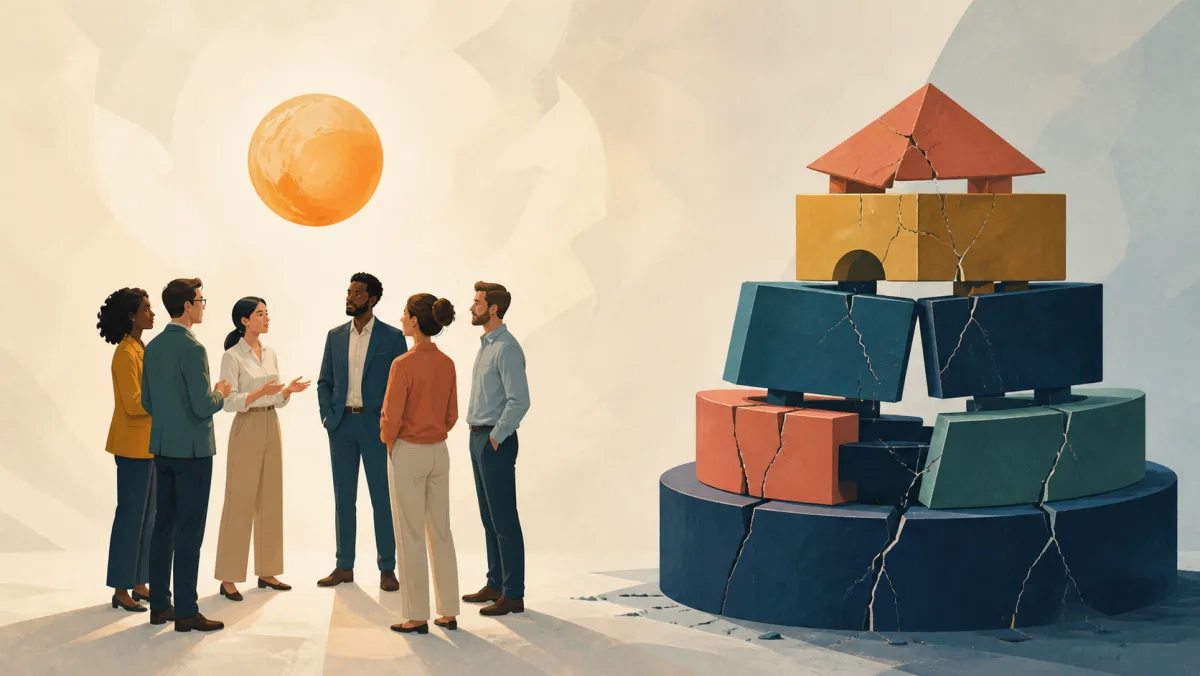 A healthy team meeting stands beside a cracked multi-part operating structure