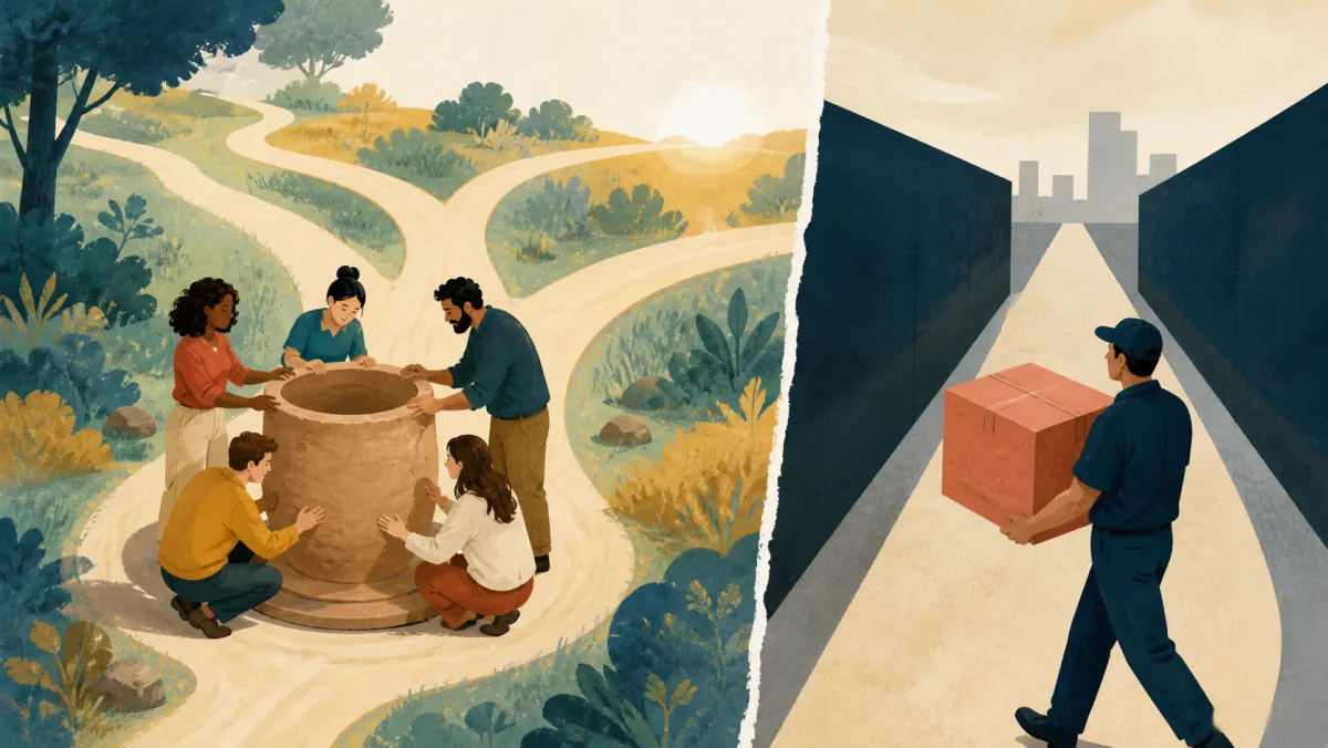 A team shapes an open vessel while a sealed box travels down a fixed corridor