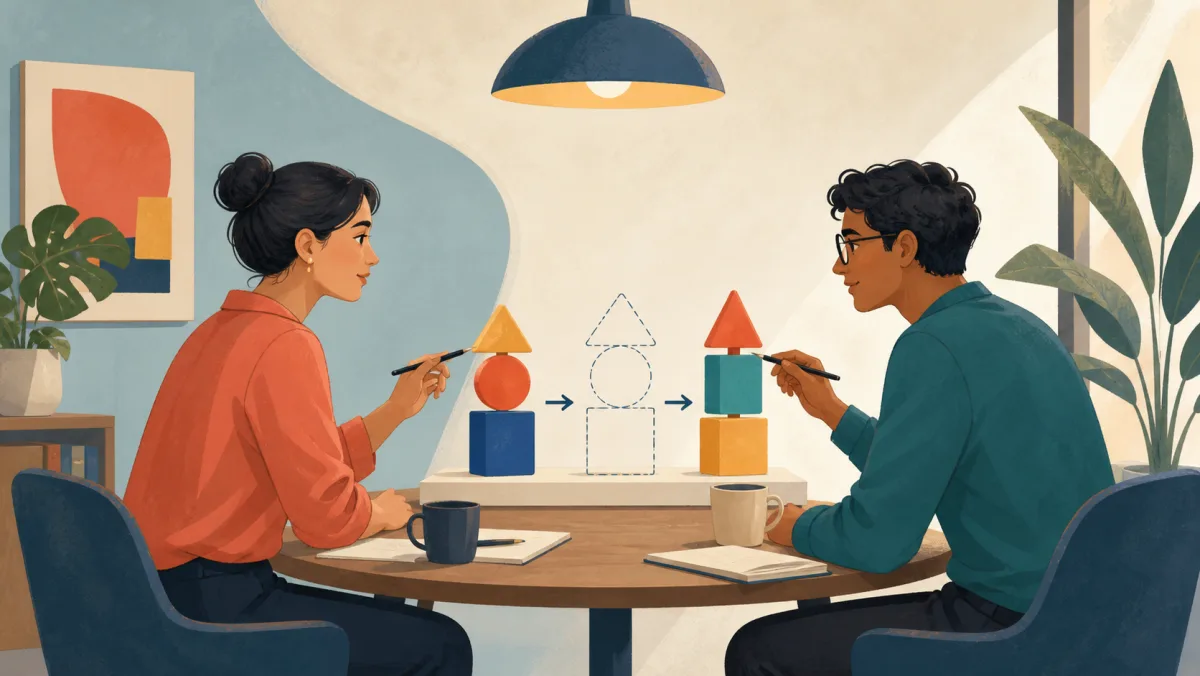Two colleagues discuss and rearrange a geometric model across a table