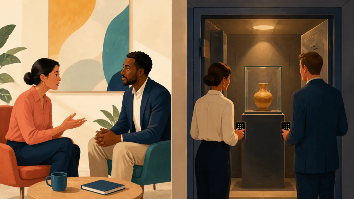 A direct conversation contrasts with two people accessing a secured display enclosure
