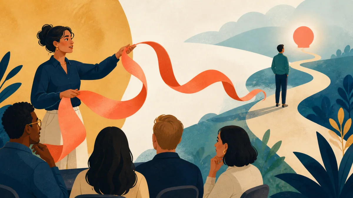 A presenter captivates an audience with a coral ribbon that leads to a lasting shape