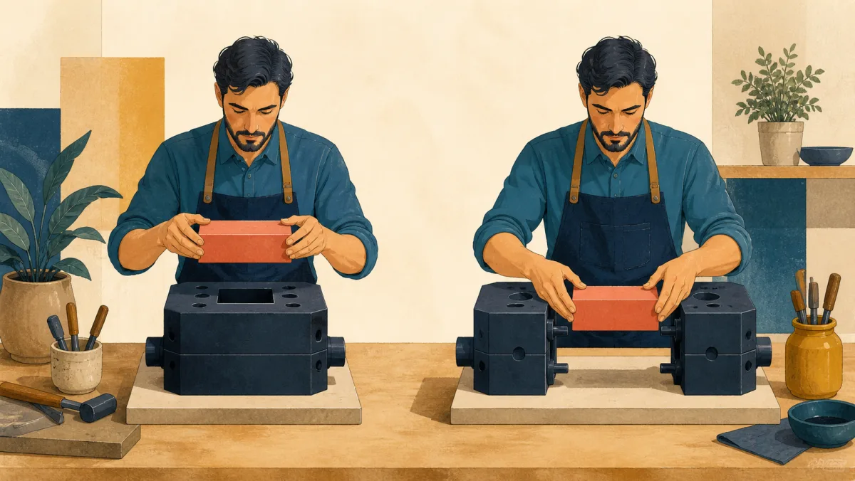 A craftsperson lifts a coral insert from one mechanism and places it between two halves