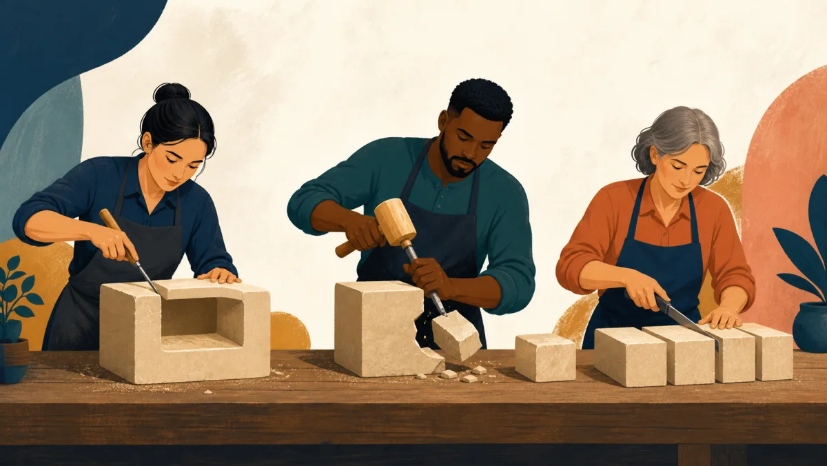 Three craftspeople reserve a hollow, remove a piece, and divide a block into shares