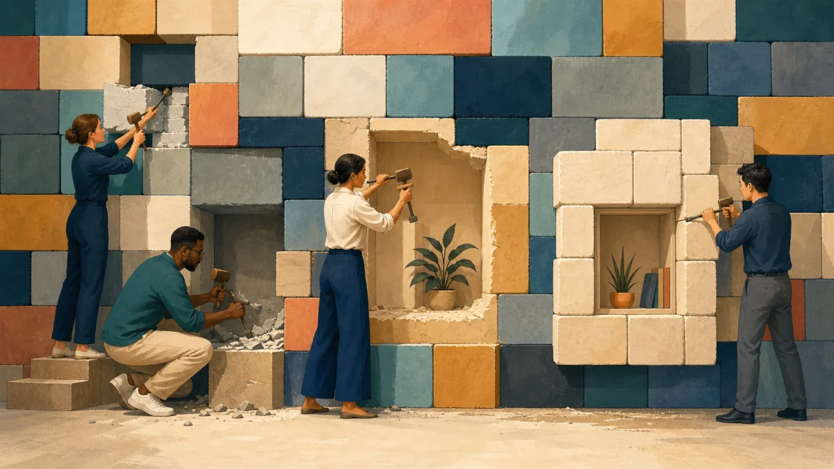Four craftspeople shape protected niches within a crowded wall of colored blocks