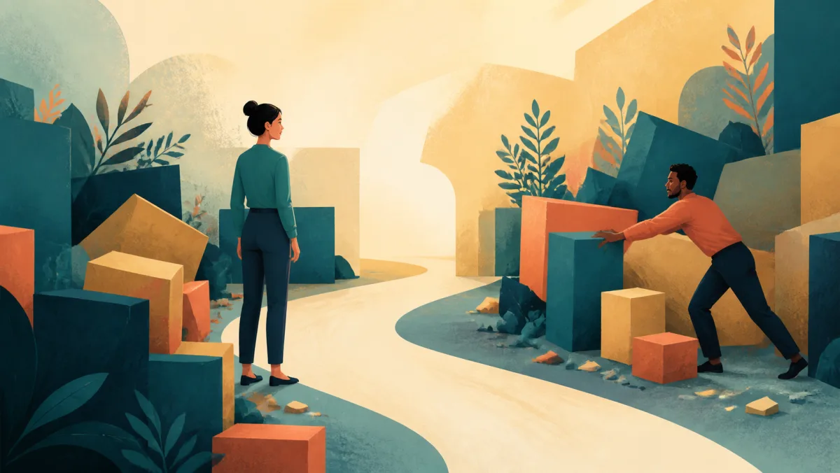 One person finds an open path while another clears blocks to create one