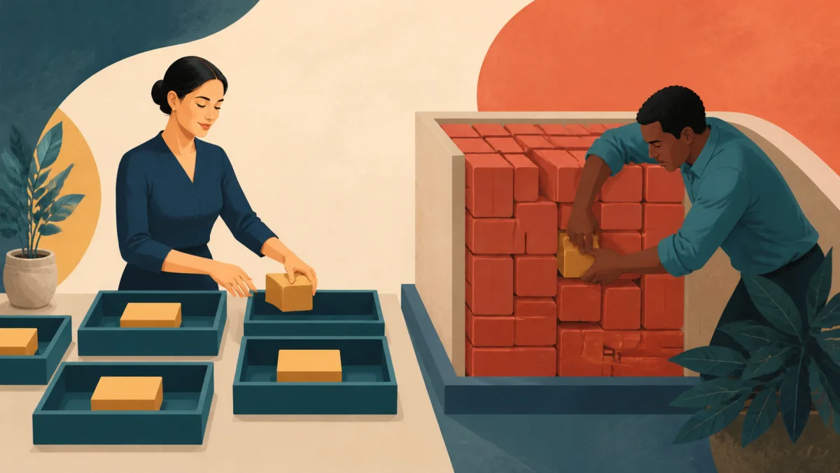 A planner distributes blocks into trays while another extracts one share from a packed reservoir