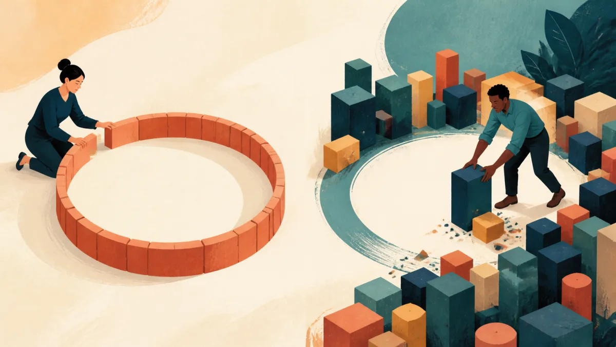 One person encloses an empty space while another clears a space among competing blocks