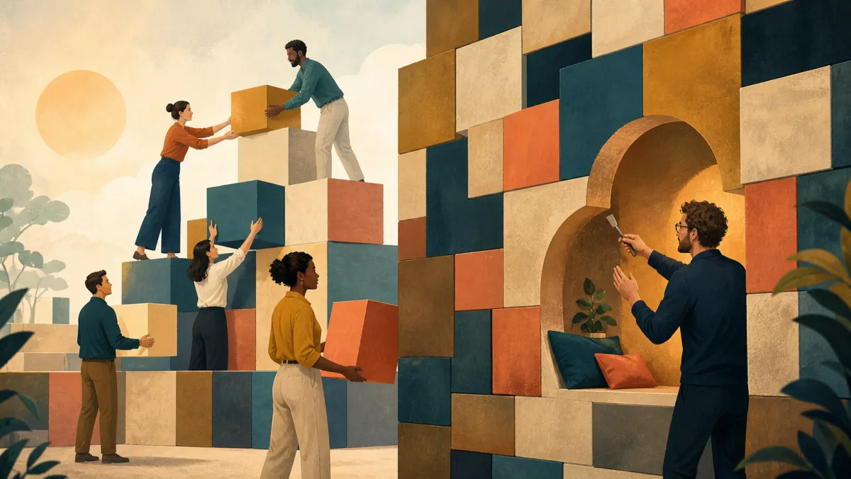 A team stacks a broad structure while one professional shapes a distinct alcove