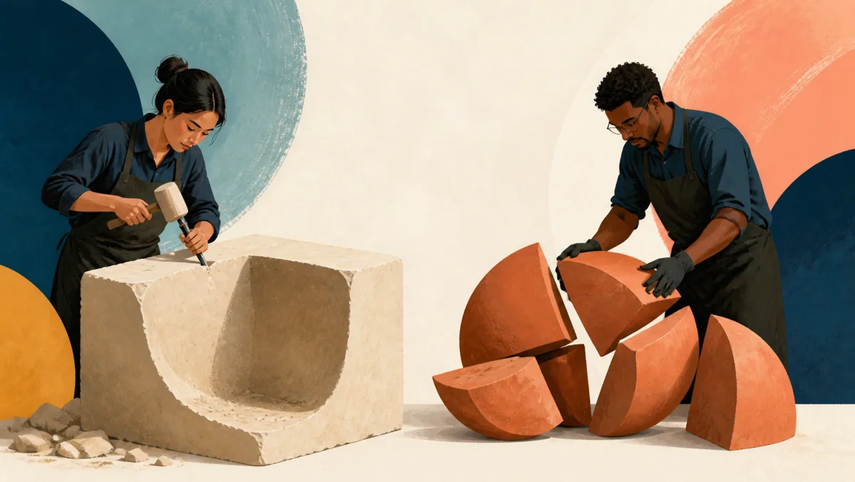 One craftsperson carves a protected hollow while another divides a round form into pieces