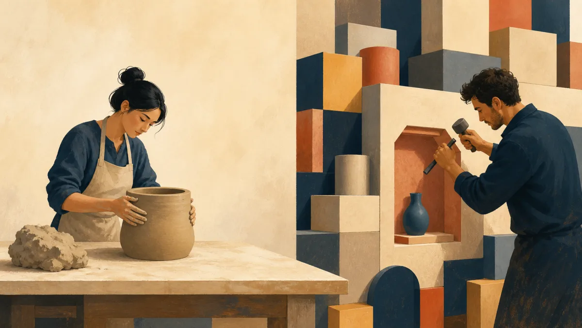 A potter creates a new vessel while another maker carves an alcove into a crowded wall