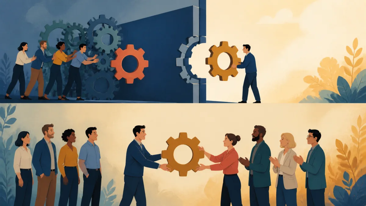An operating gear separates from a larger system and then passes between two groups