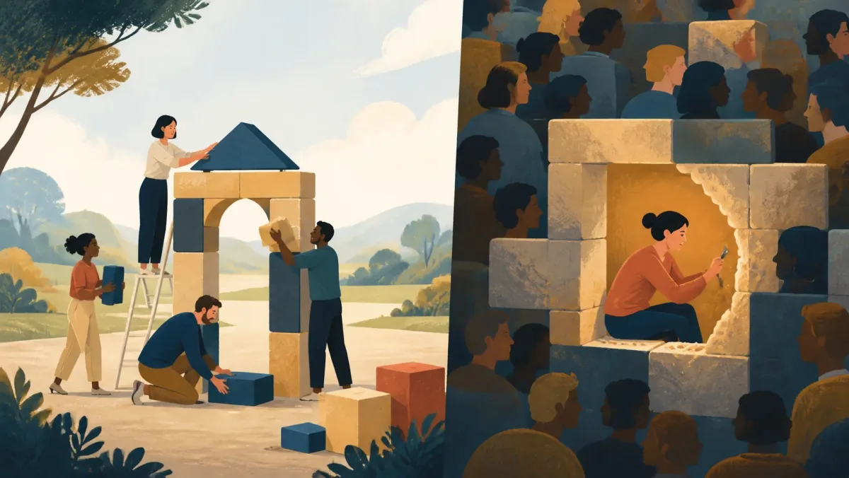 A team builds a freestanding structure while another professional shapes an alcove in a crowded wall