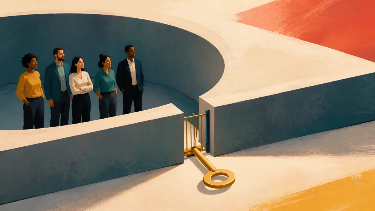 Professionals stand within a curved boundary beside a small gated opening and key