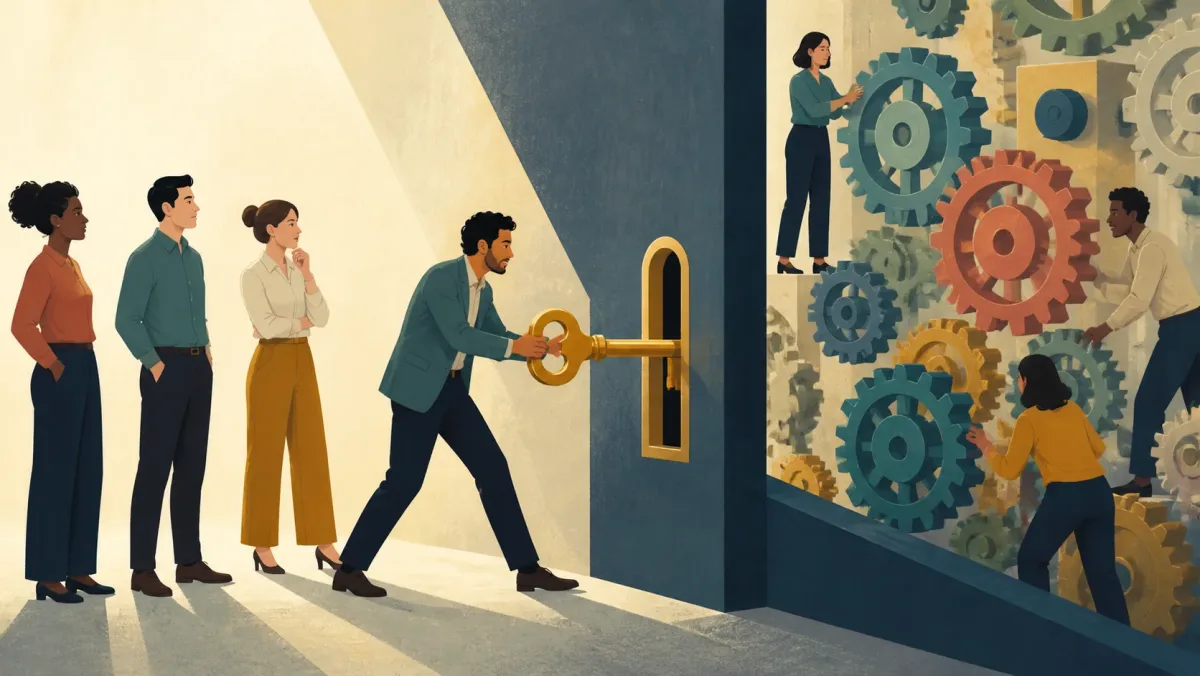 Professionals unlock a narrow gateway while another team works within a larger mechanism