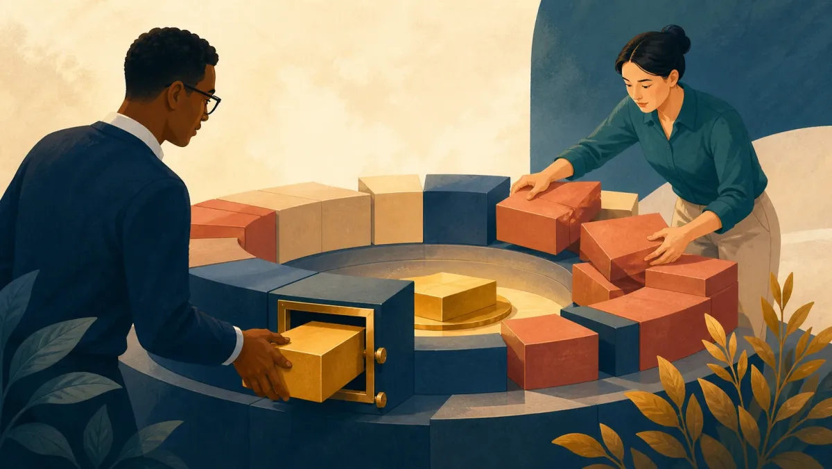 One worker releases a gold block from a slot while another rearranges surrounding blocks