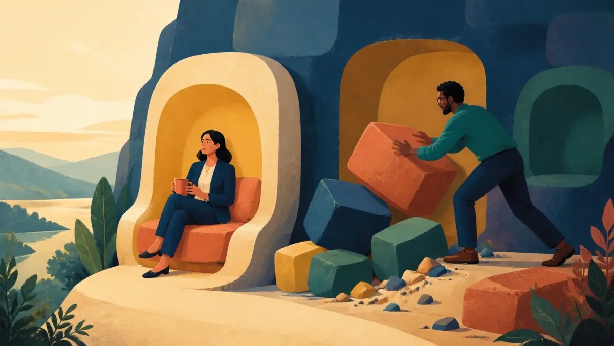 One professional rests in an available alcove while another clears blocks to create one