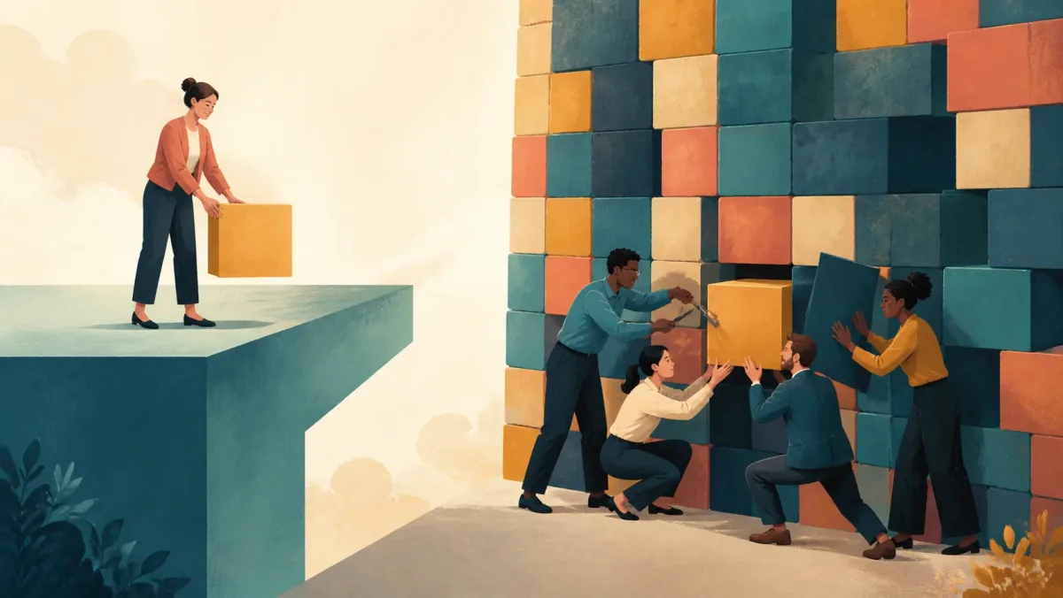 One person sets a block on an empty platform while a team extracts another from a packed wall