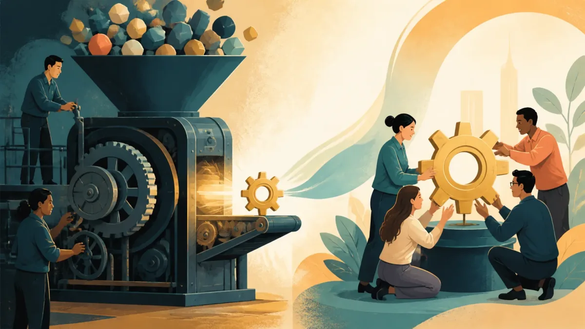 A large machine separates a smaller gear while a team assembles an independent mechanism