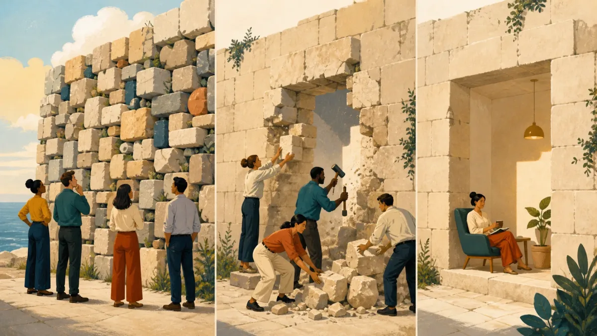 A wall progresses from solid to an opening being carved and then a finished room