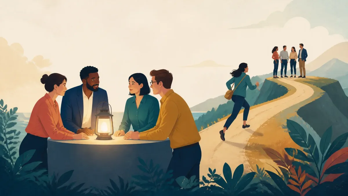Colleagues reconnect around a lantern while a professional approaches a team along a winding path