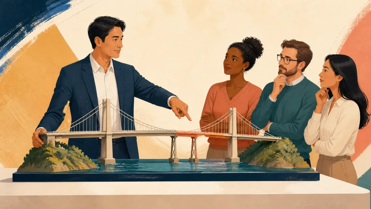 A presenter points to a fragile bridge section while colleagues examine the full structure