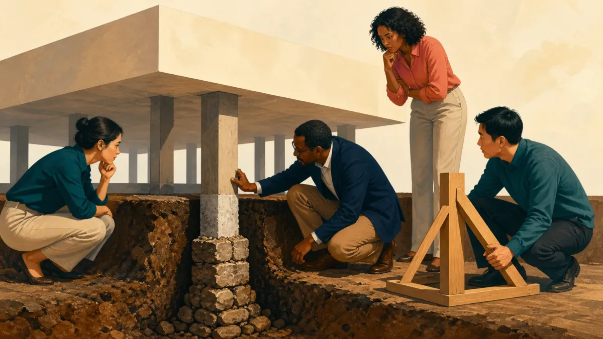 A team examines and reinforces a support column beneath a large platform