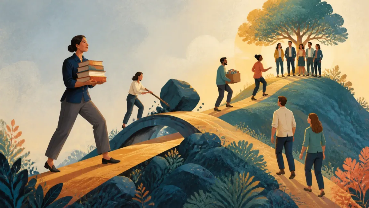 A professional carries resources across a difficult path toward a waiting team