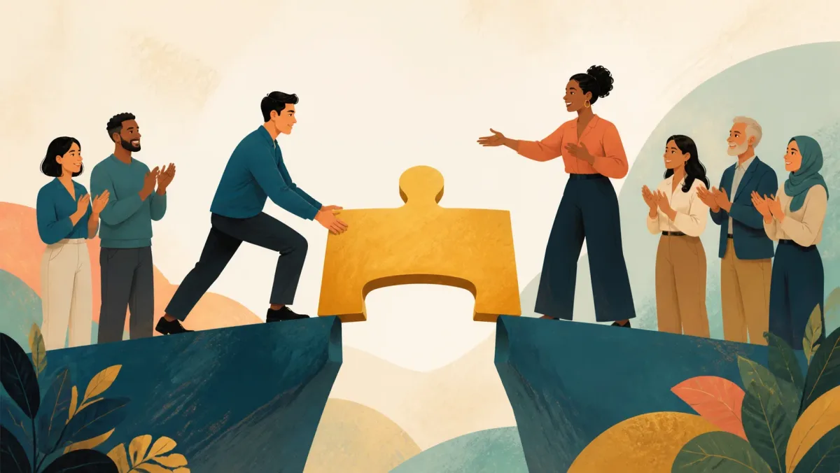 Colleagues applaud as two professionals bridge a gap with a large puzzle piece