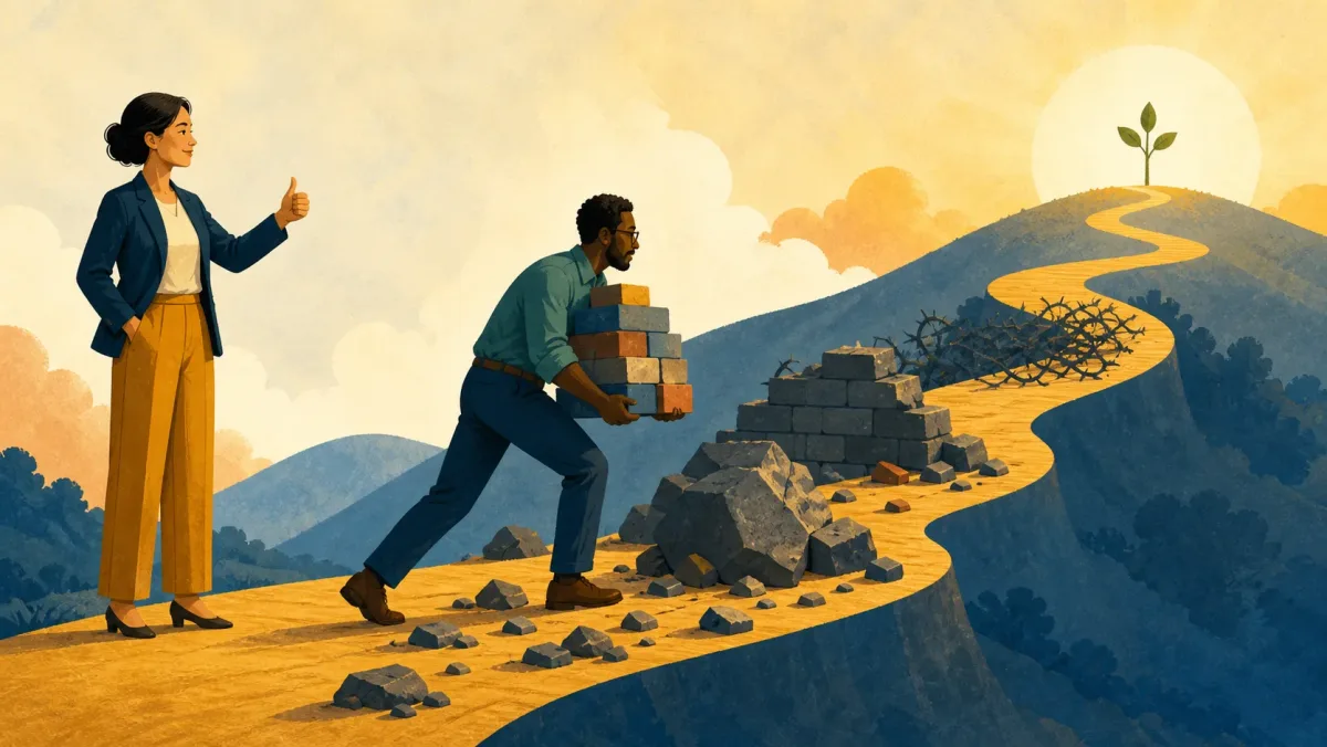 One professional gives approval while another carries building blocks past obstacles toward a goal