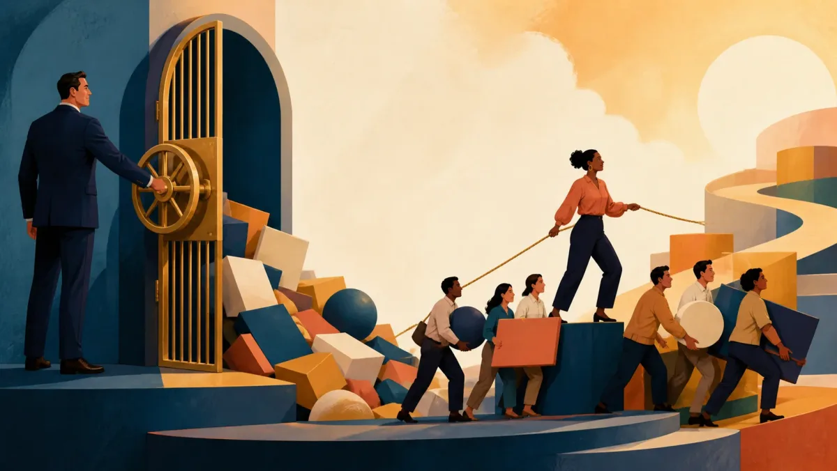 A leader opens a large gate while a team carries geometric resources along a rising path