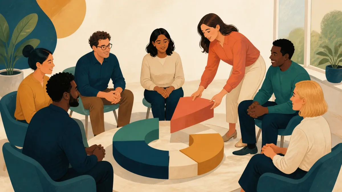 A colleague places a geometric piece into a shared circle while the group listens