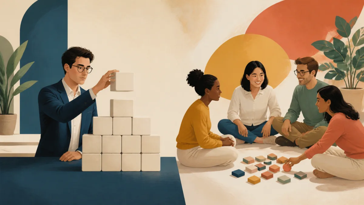 A formal stack of plain blocks contrasts with colleagues casually arranging colorful pieces together