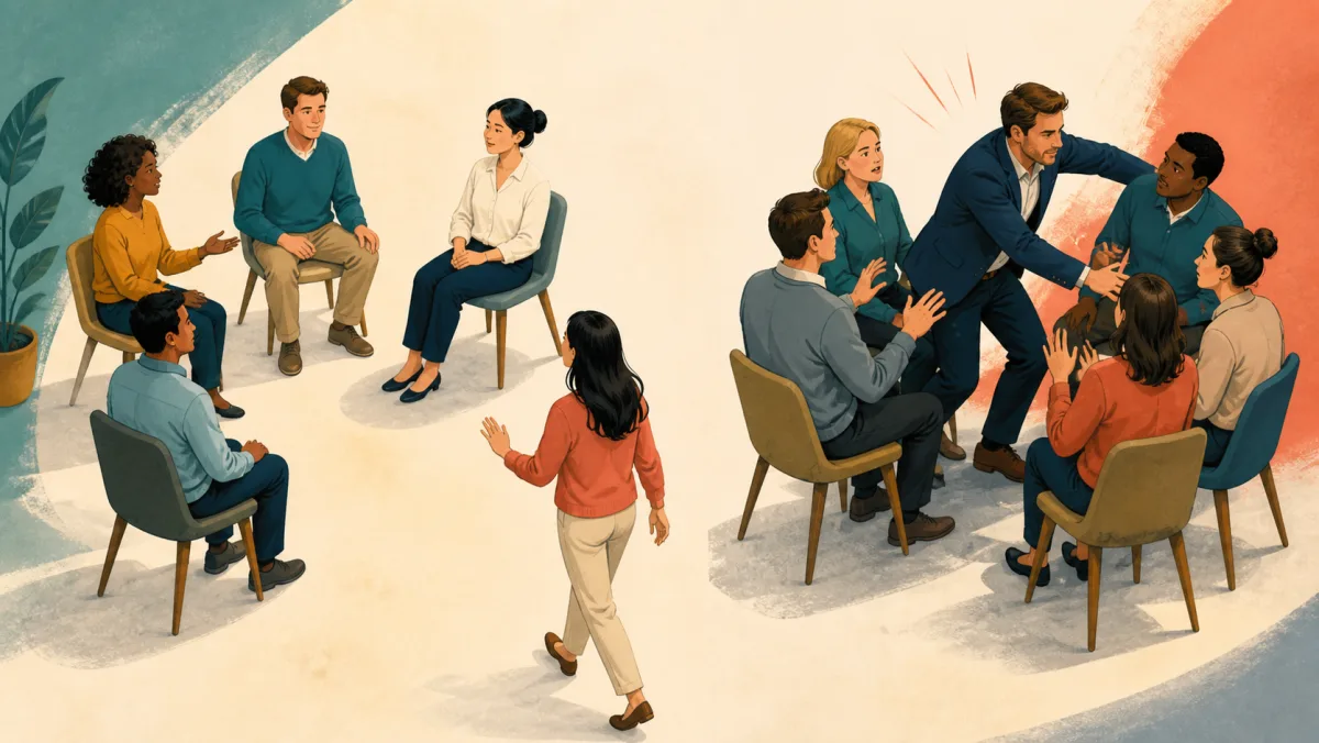 One professional enters an open discussion calmly while another crowds disruptively into a separate group