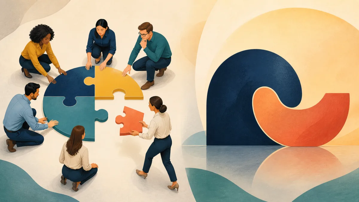 A professional joins a group with a puzzle piece while two large curved forms align nearby