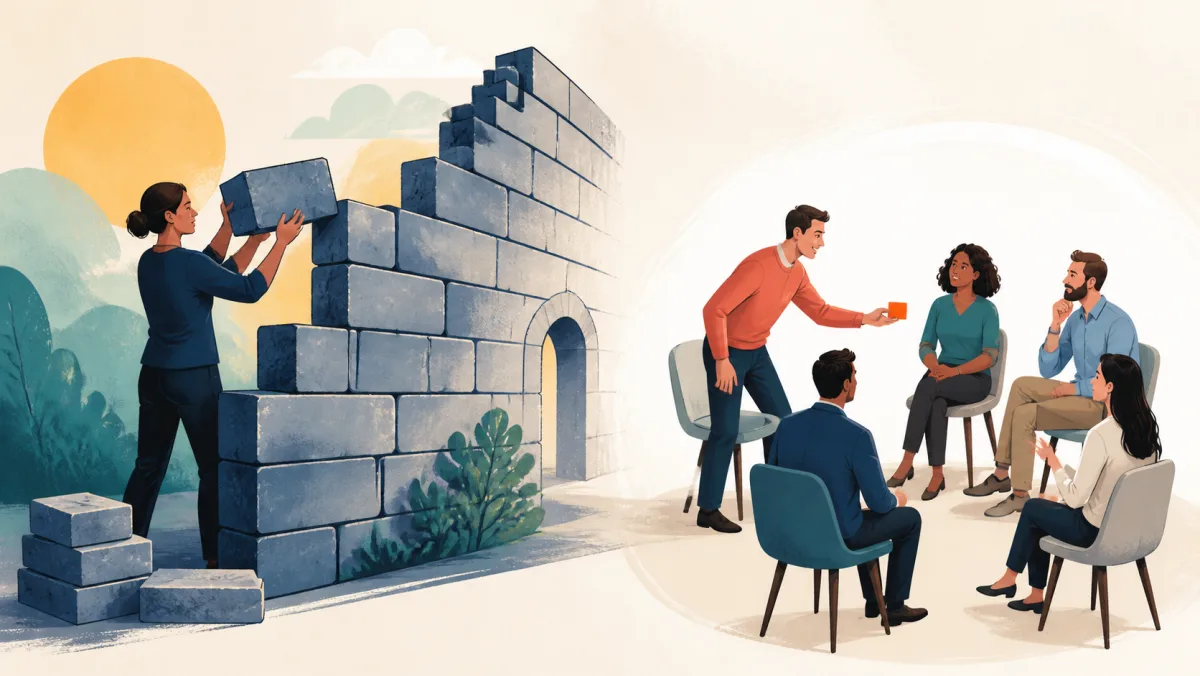 A professional builds a substantial stone structure while another briefly adds one piece to a discussion