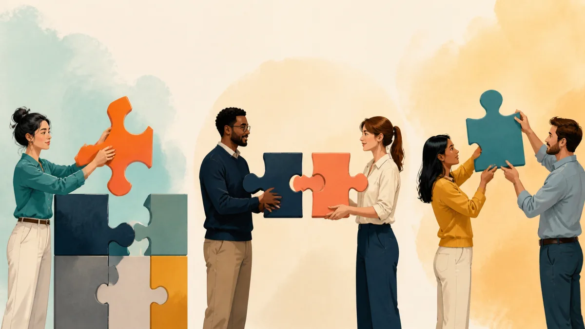 Three pairs of professionals hold distinct puzzle pieces that either differ, match, or connect